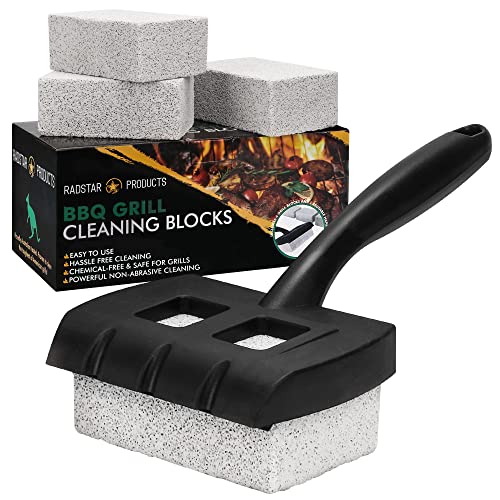 RadStar BBQ Grill Cleaning Blocks  4 pcs with Handle Great Grill Brush and Scraper for Grill Cleaning Made from Pumice Stone and is Bristle Free Clean Grill Griddle and cast Iron