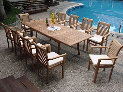 Grade-a Teak Wood Luxurious 11 Pc Dining Set : Large 117" Double Extension Rectangle Table And 10 Sam Stacking
