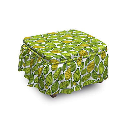 Lunarable Botanical Ottoman Cover Floral Leaves Fresh Tones 2 Piece Slipcover Set with Ruffle Skirt for Square Round Cube Footstool Decorative Home Accent Standard Size Yellow Yellow Green